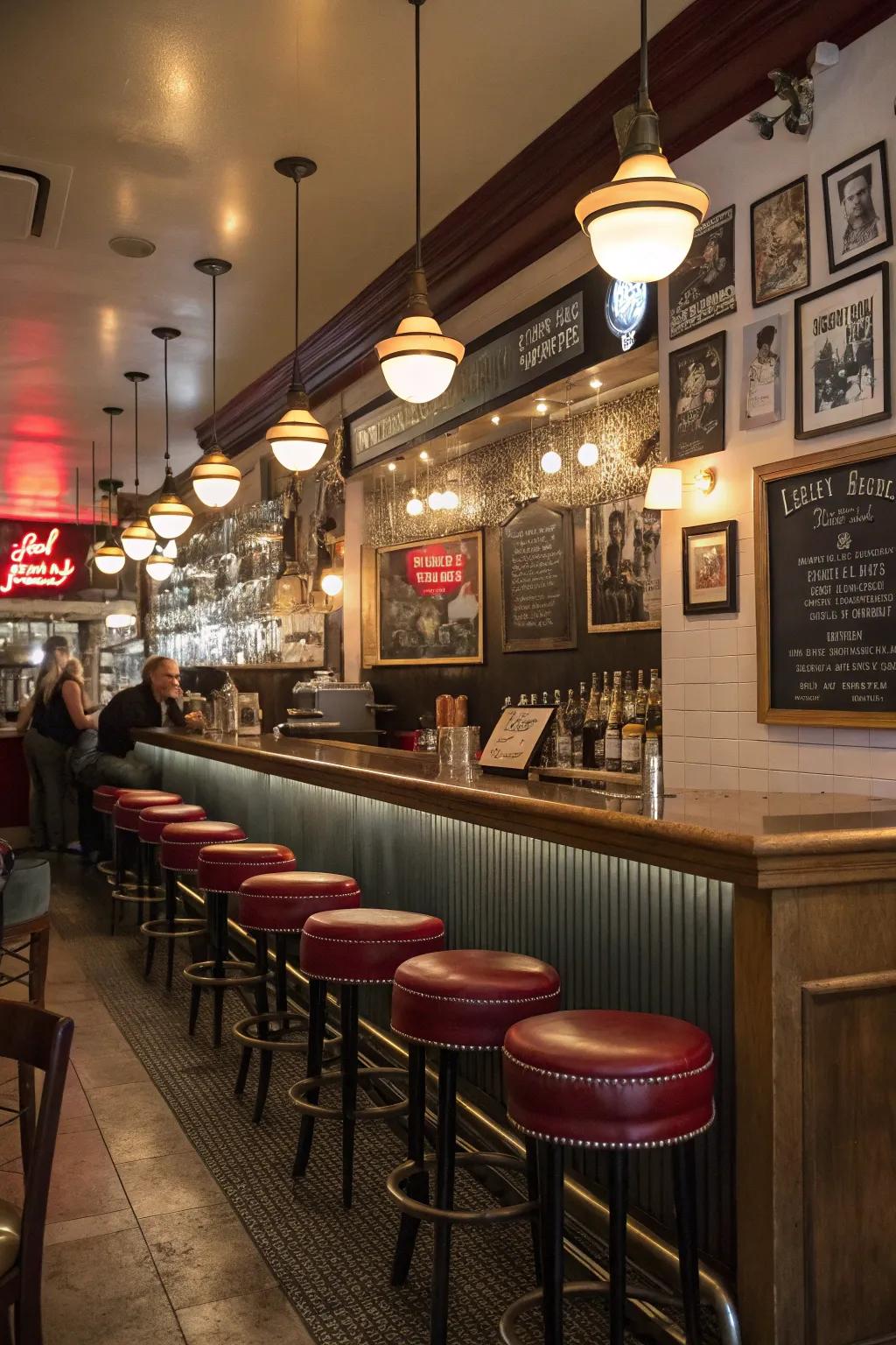 A cohesive motif such as retro chic can unify the design of a small restaurant bar.