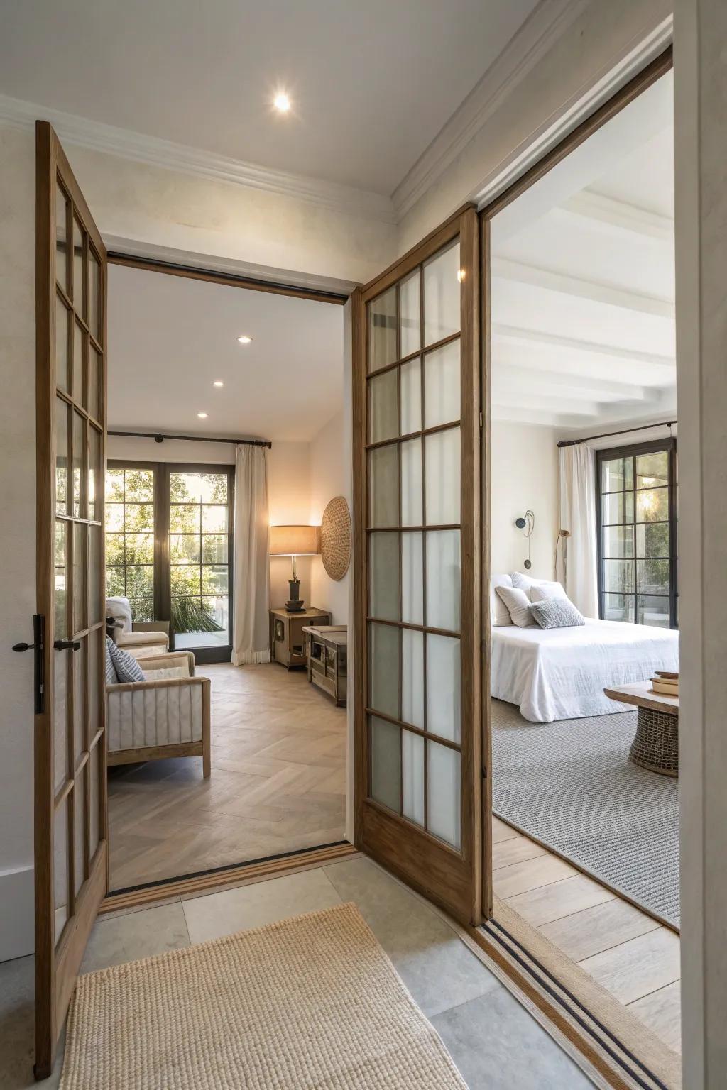 Gliding panels add modernity and space-saving functionality.