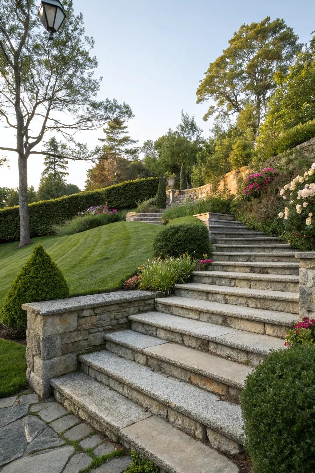 Functional and stylish rock steps on a garden gradient.