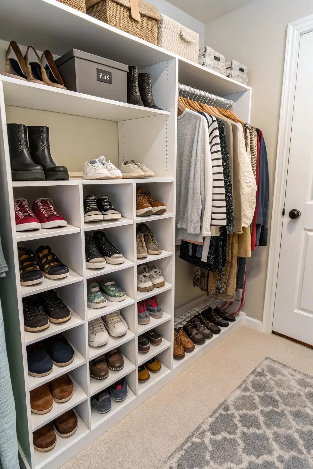 Shoe cubbies keep footwear structured and accessible.