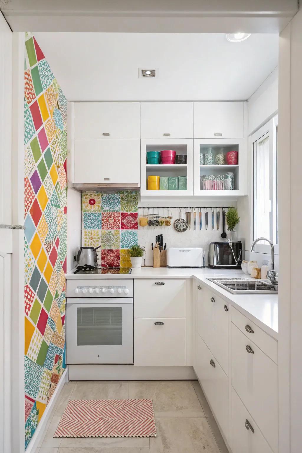 A vibrant accent enhances the personality of a bright kitchen.