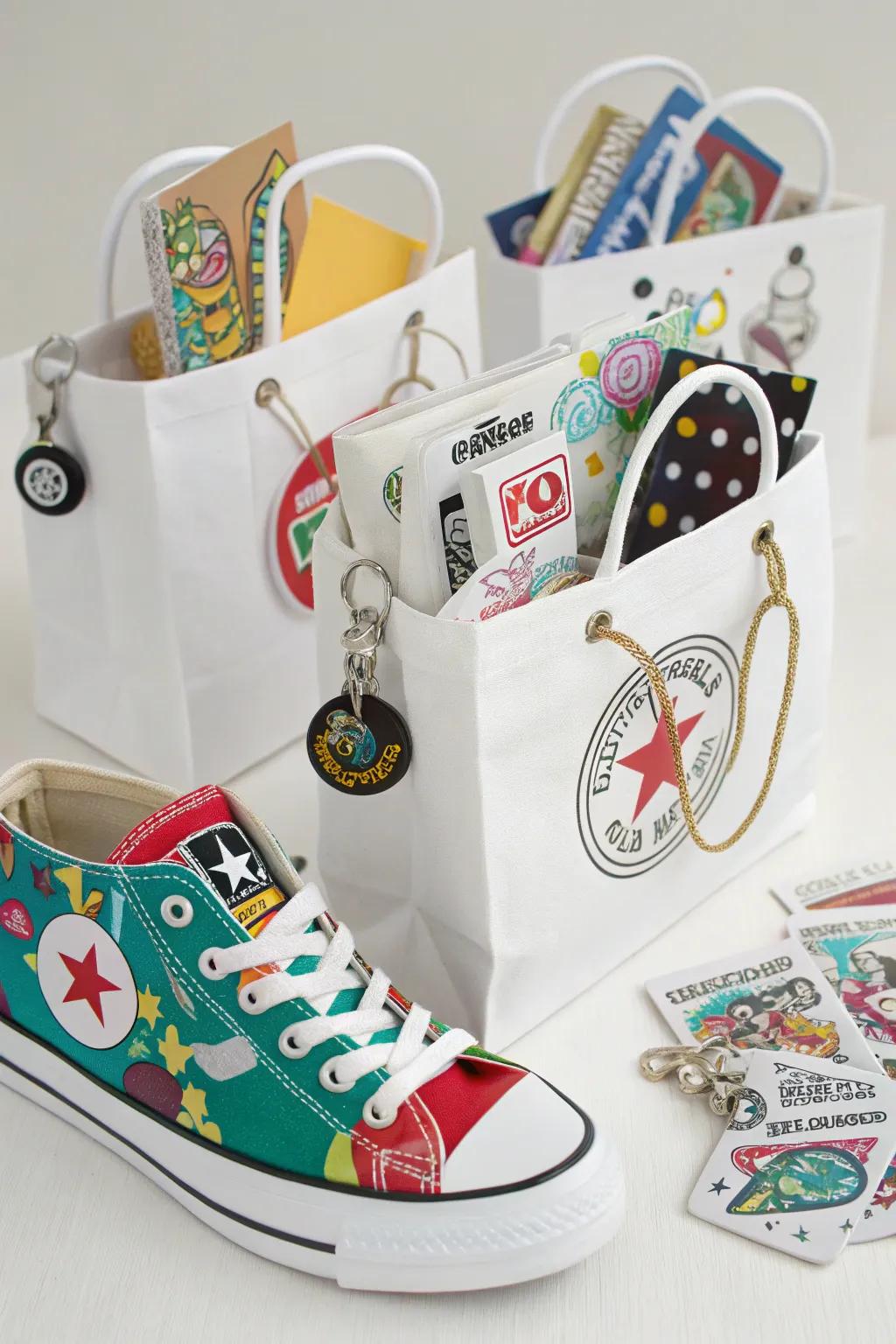 Thoughtful sneaker-themed favor pouches for visitors.
