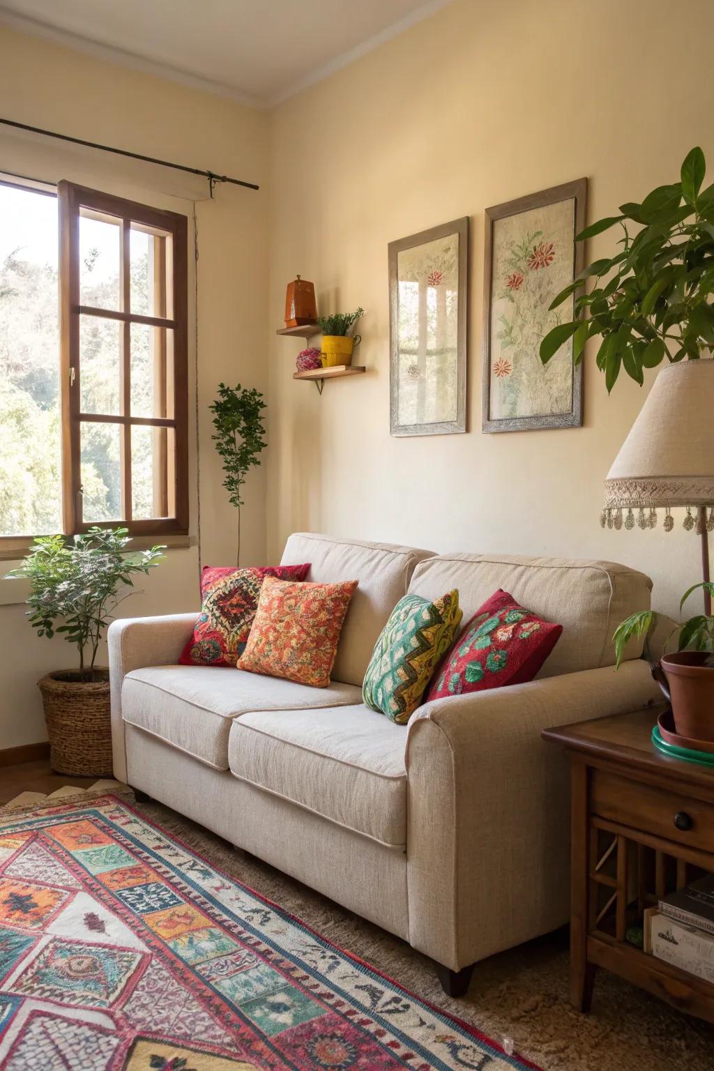 Accent pillows of vibrant colors infuse personality into a neutral couch.