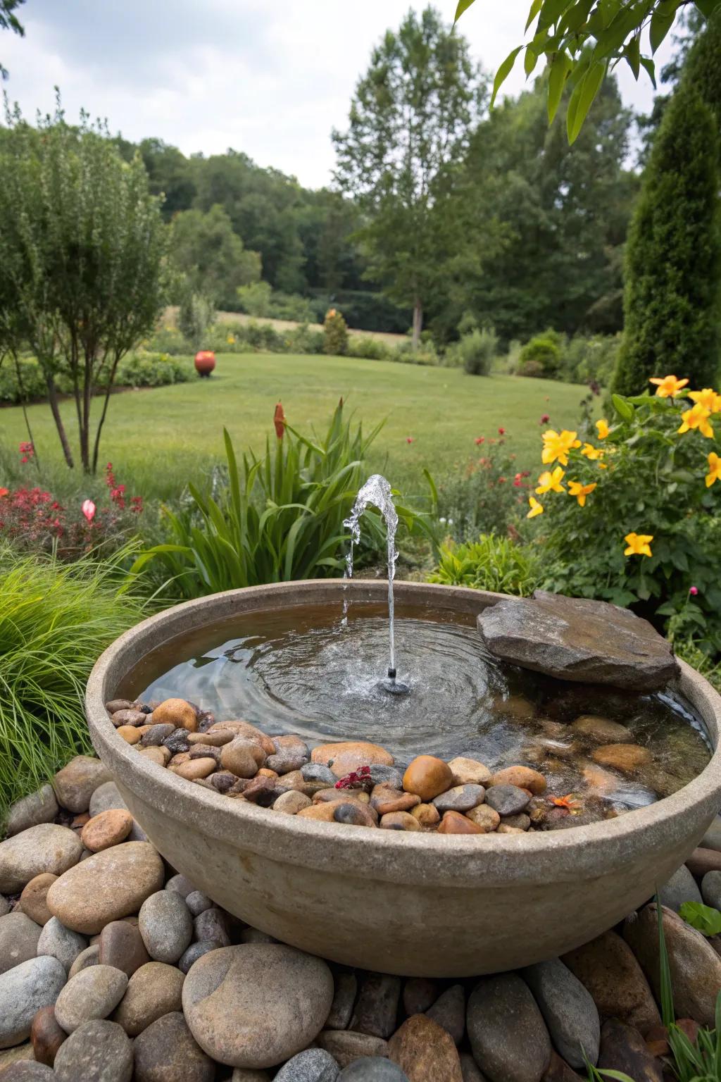 A natural-looking sun-driven fountain nestled in a pebble-lined basin.