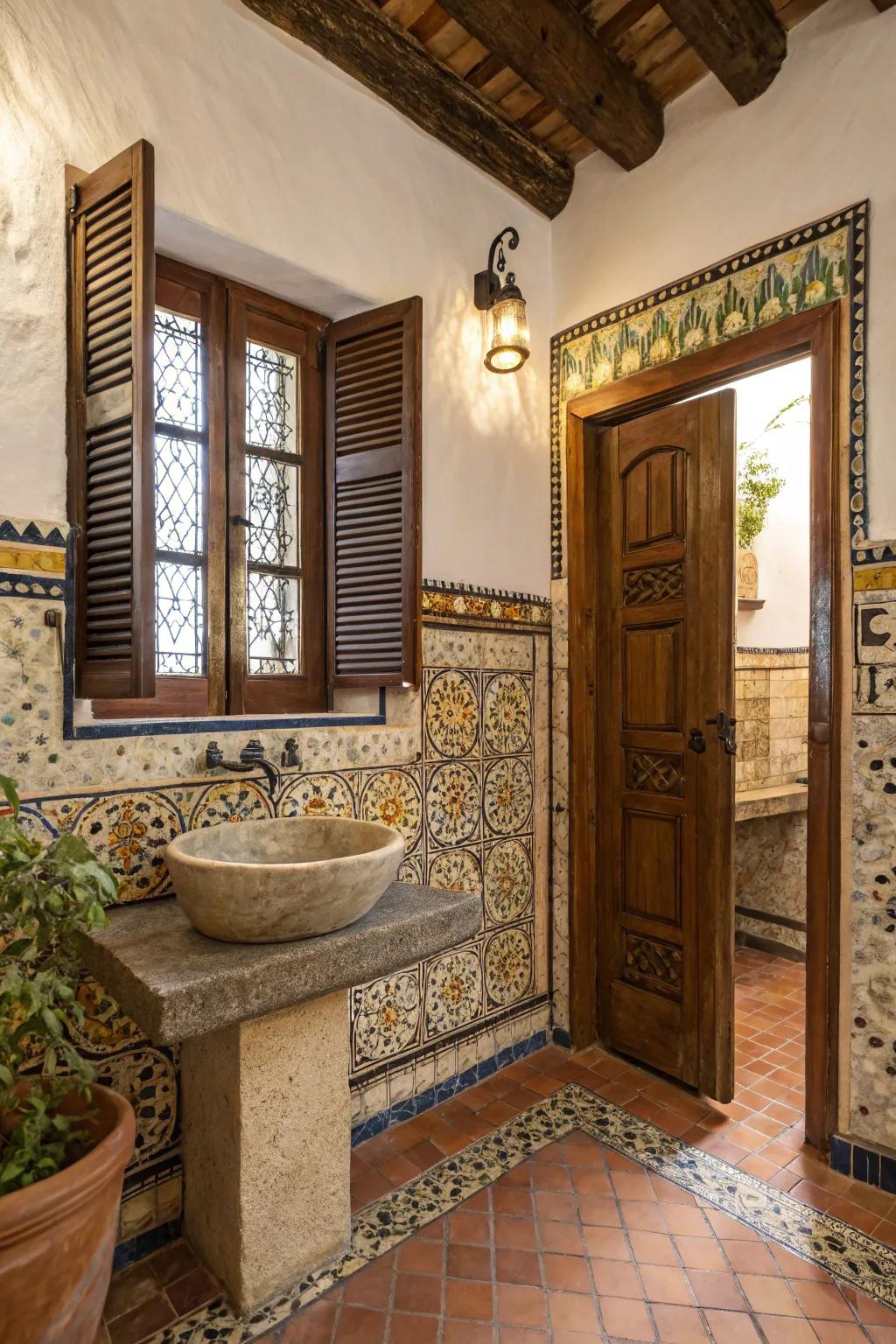 Stone basins introduce an organic component to the bathing area.