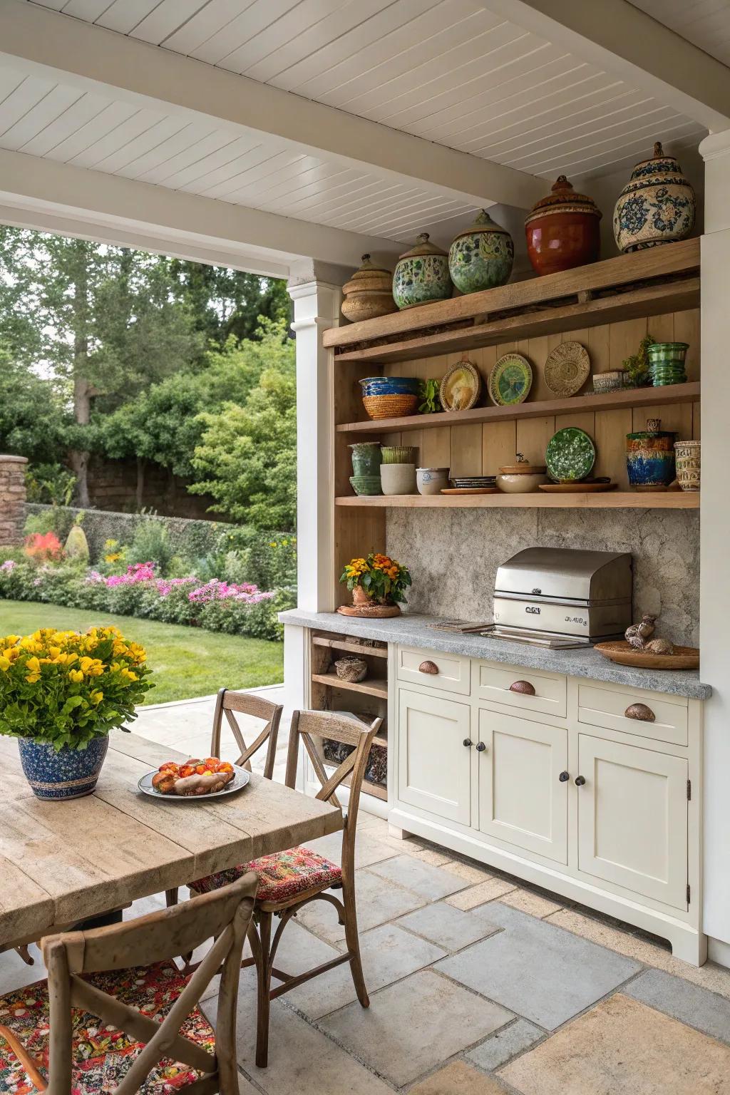 Open shelving showcases beautiful pottery and adds functionality to this outdoor cooking space.