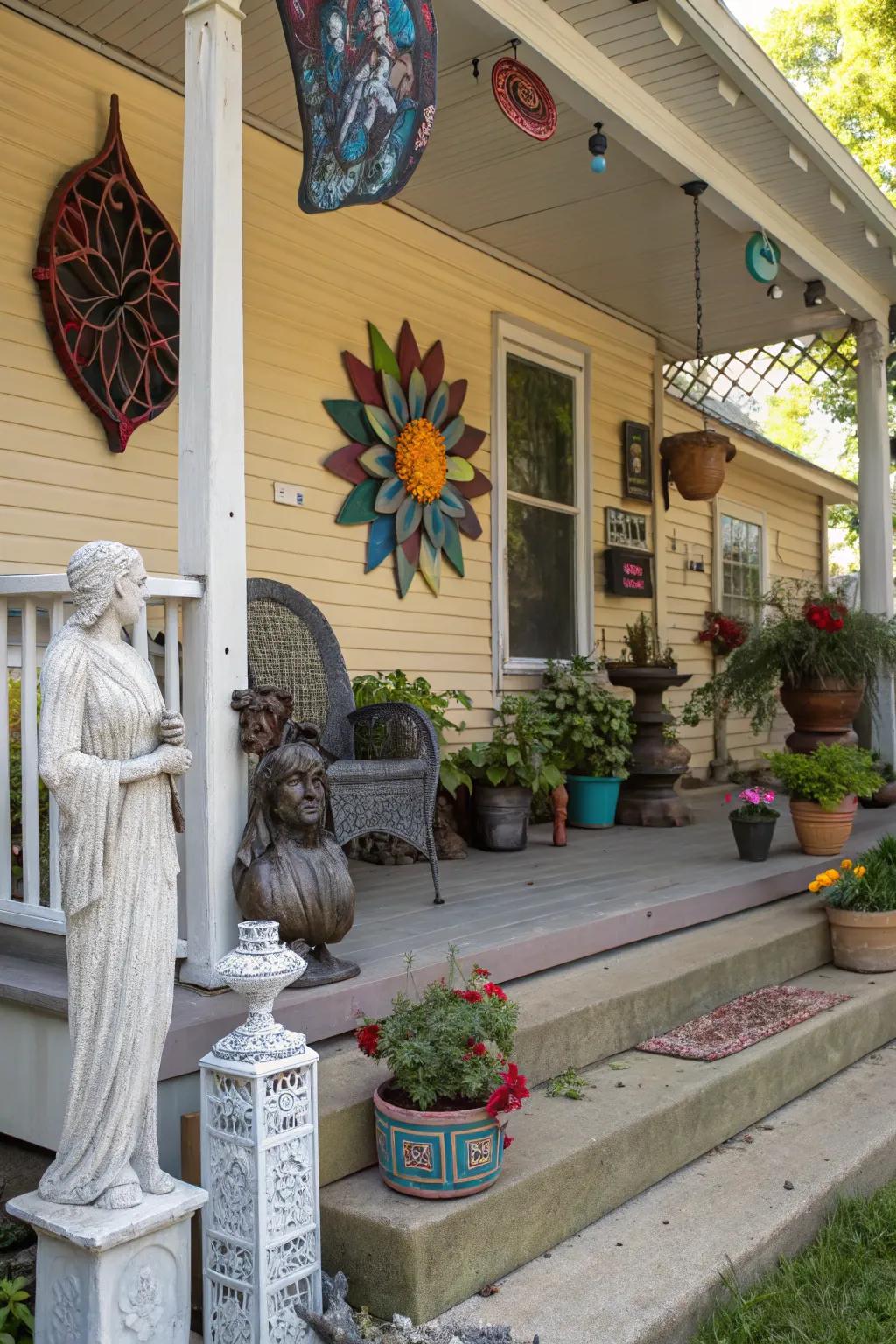 An exterior art showcase infuses a creative and singular element into your porch.