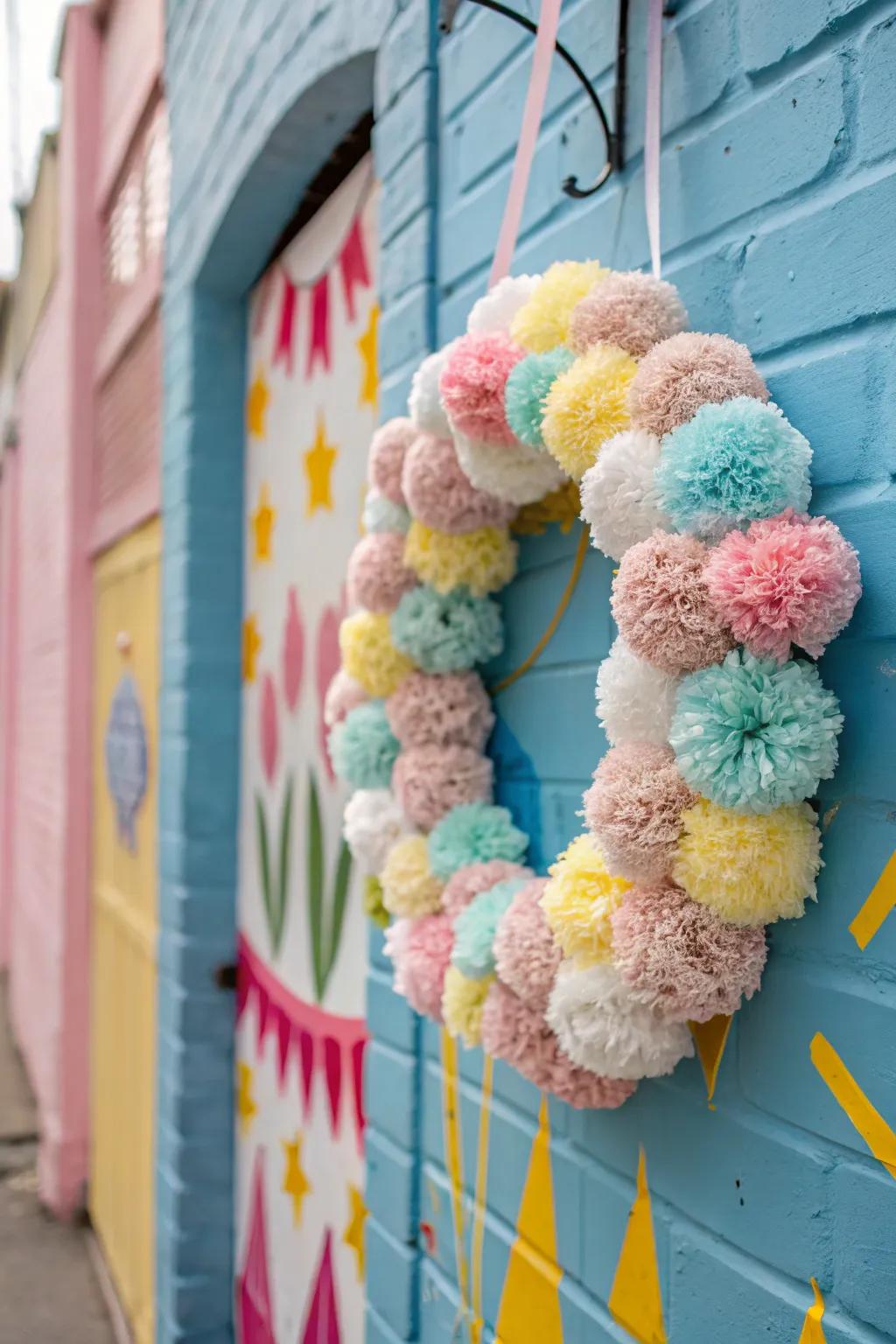A playful wreath abundant with colorful fluff balls for a hint of merriment.