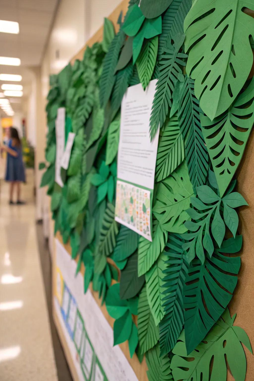 Rich greenery setting a vibrant backdrop for the spring bulletin board.
