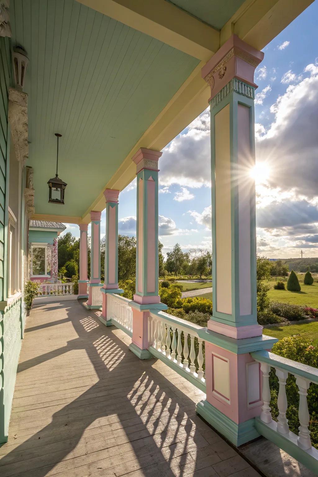 Pastel colors on square columns create a soft, welcoming atmosphere.