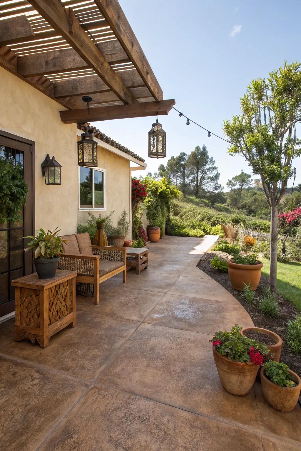 An eco-conscious patio with natural-toned concrete tints.
