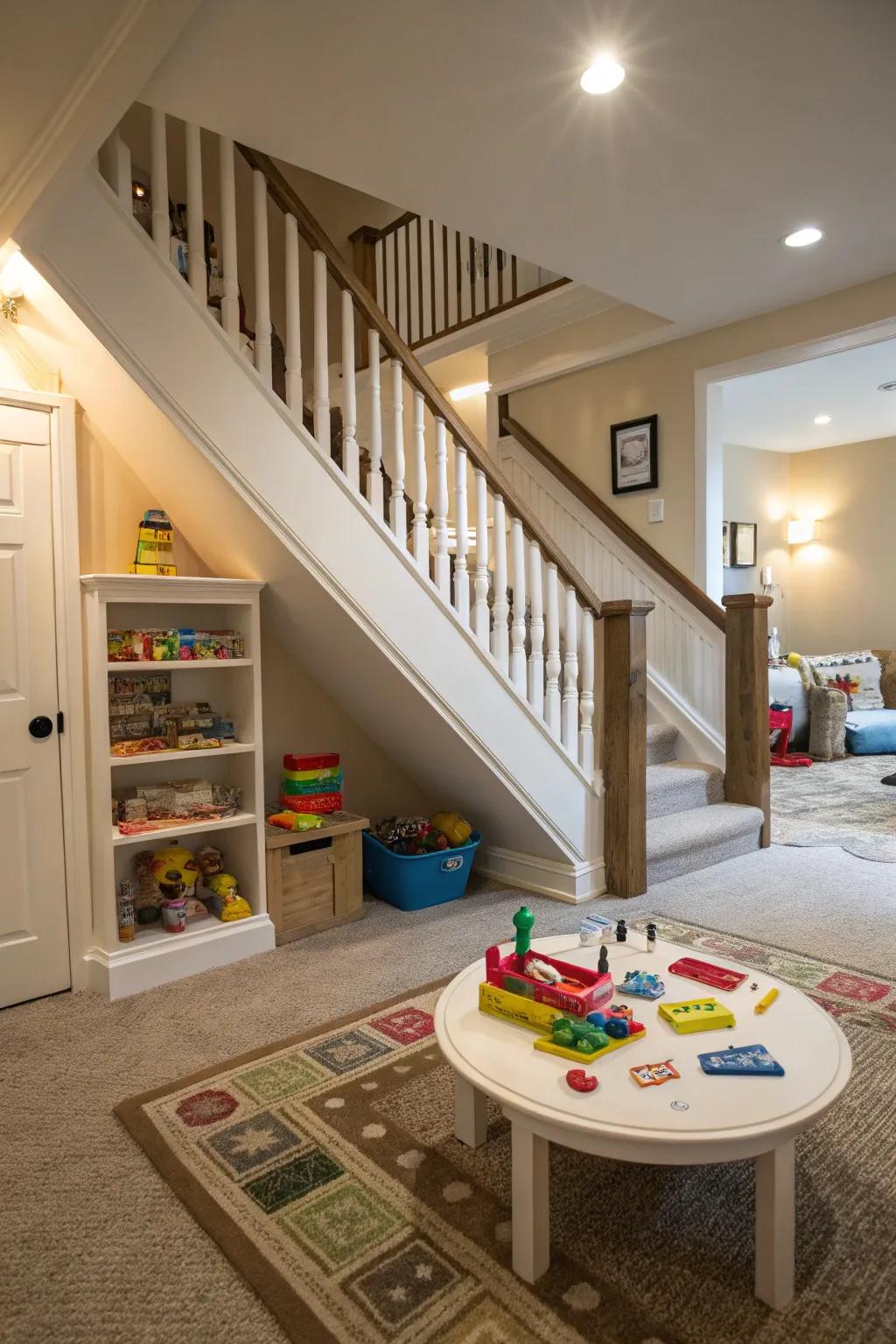 Spark joy with a kids’ play area under the stairs.