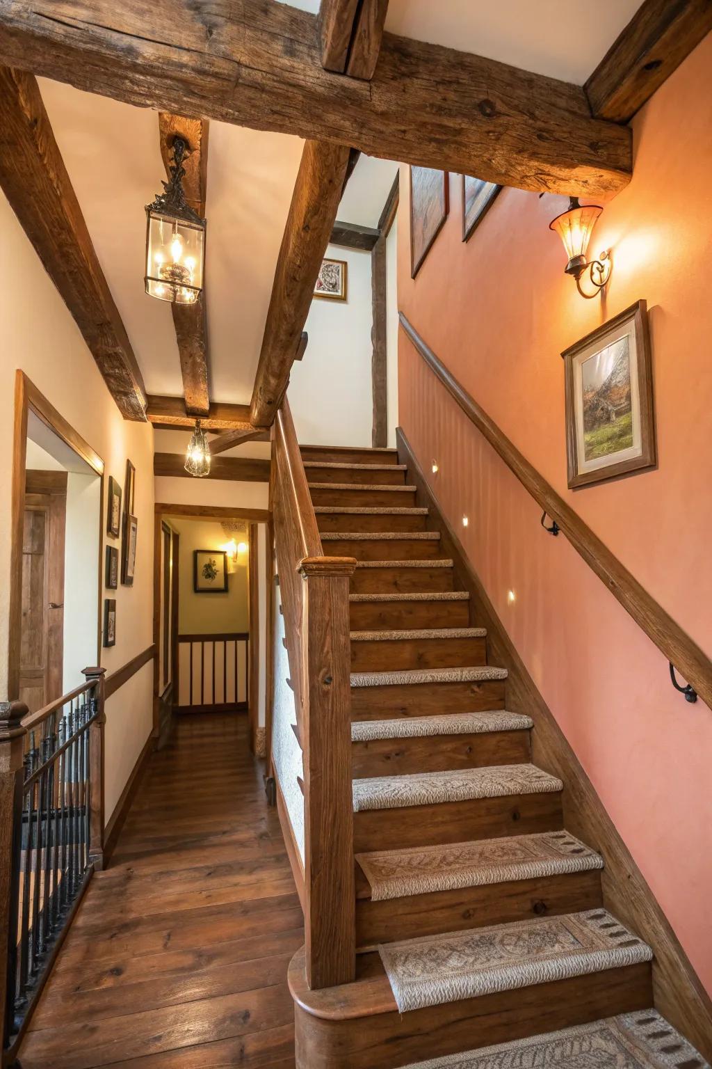 Country beam trims add farmhouse appeal and coziness.