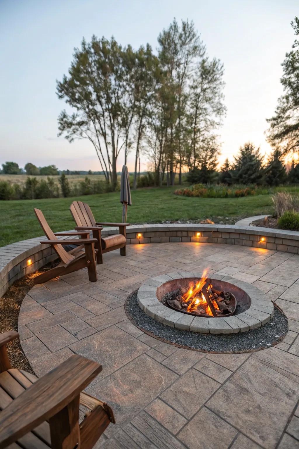 Welcoming fire pit space featuring wood-effect stamped concrete border