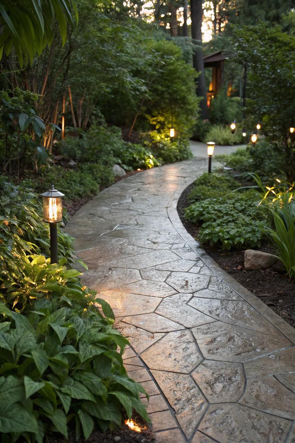 Metallic shimmer introduces a hint of glam to this garden path.