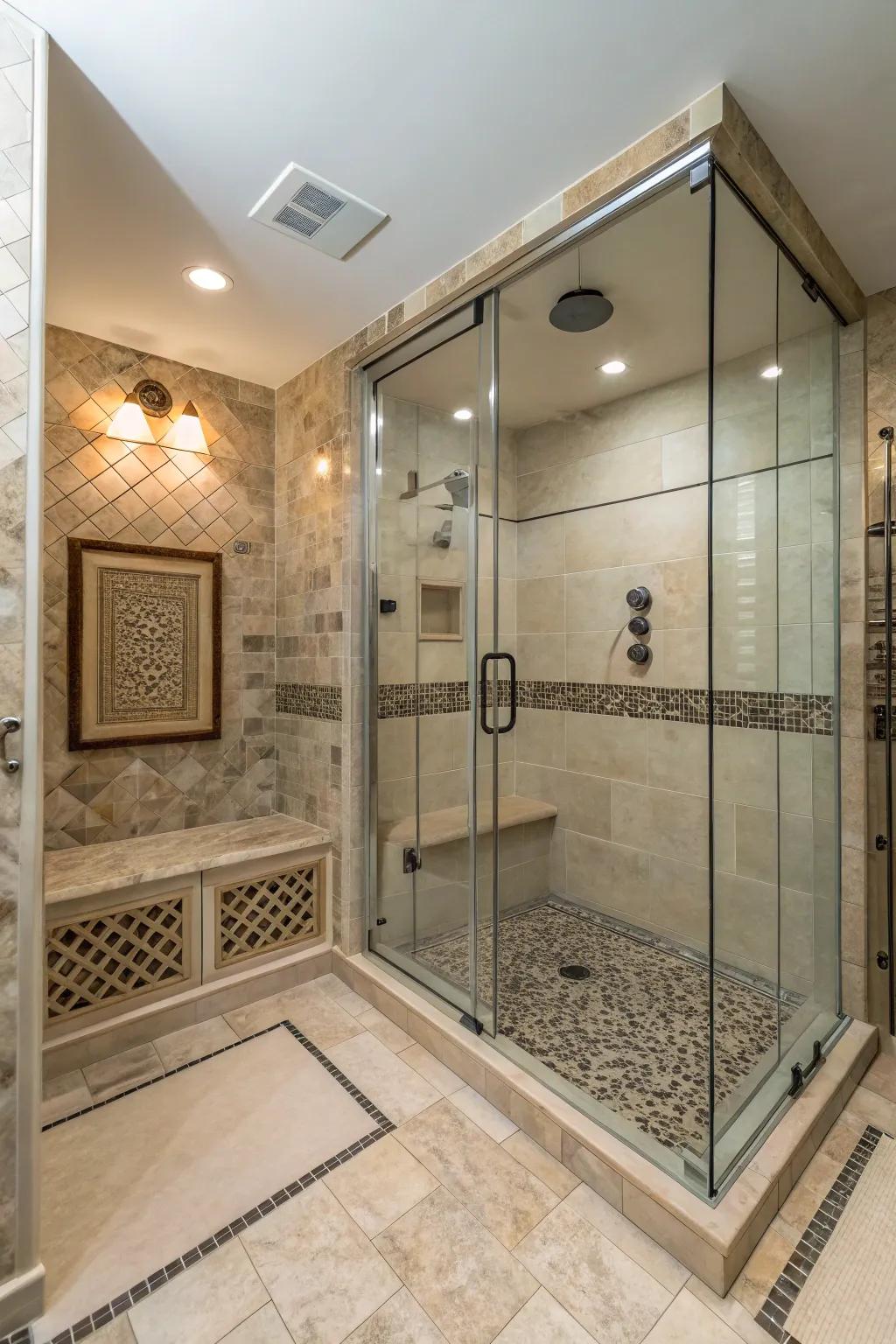 Skid-proof flooring makes certain of safety while in steam showers.