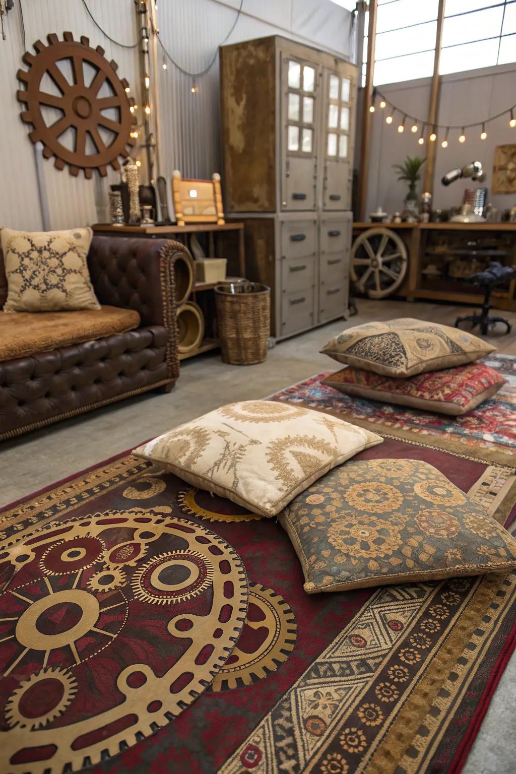 Steampunk-themed fabrics add warmth and depth to this factory-chic space.