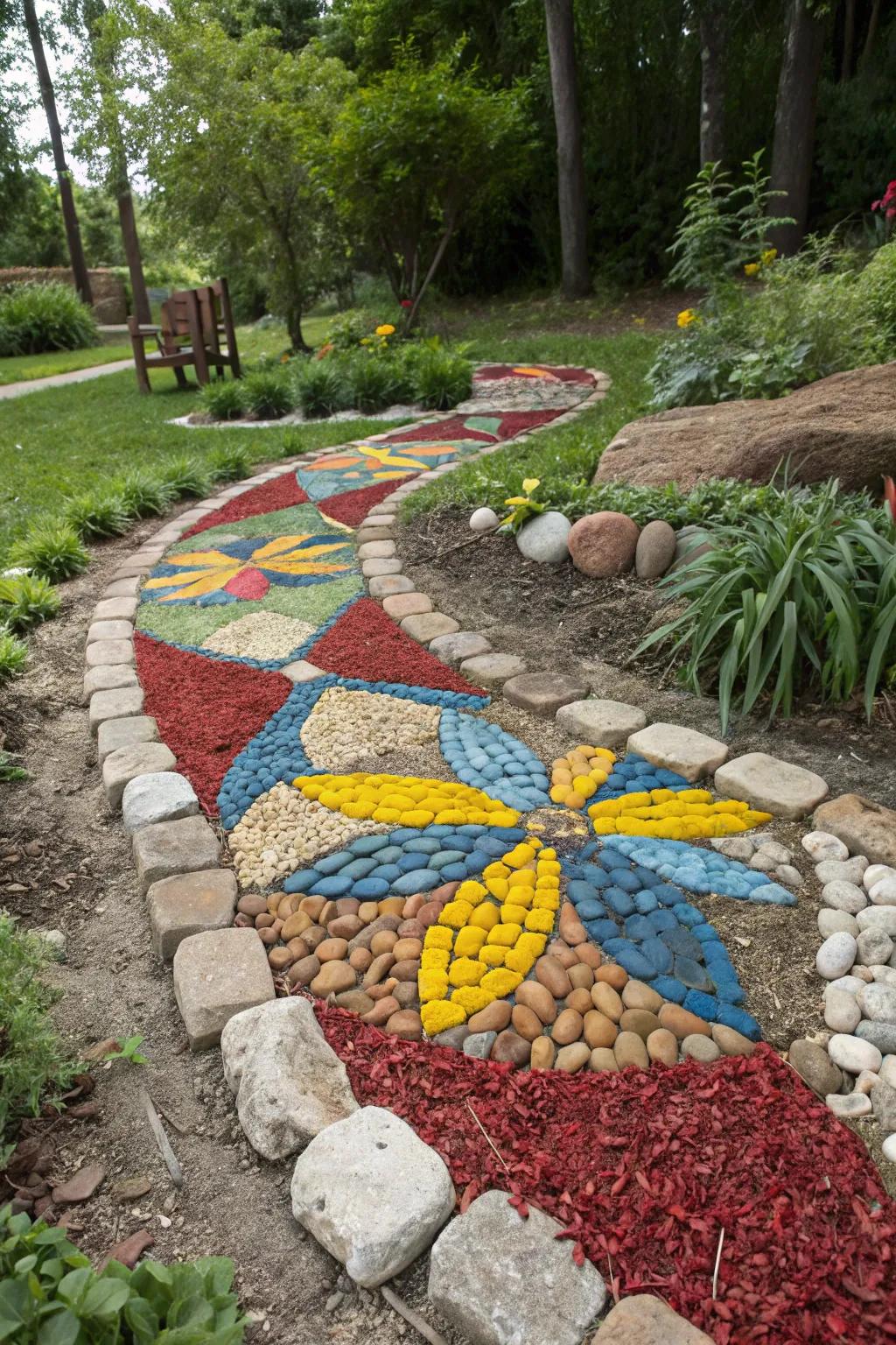 Express your artistic side through a mulch and stone mosaic.