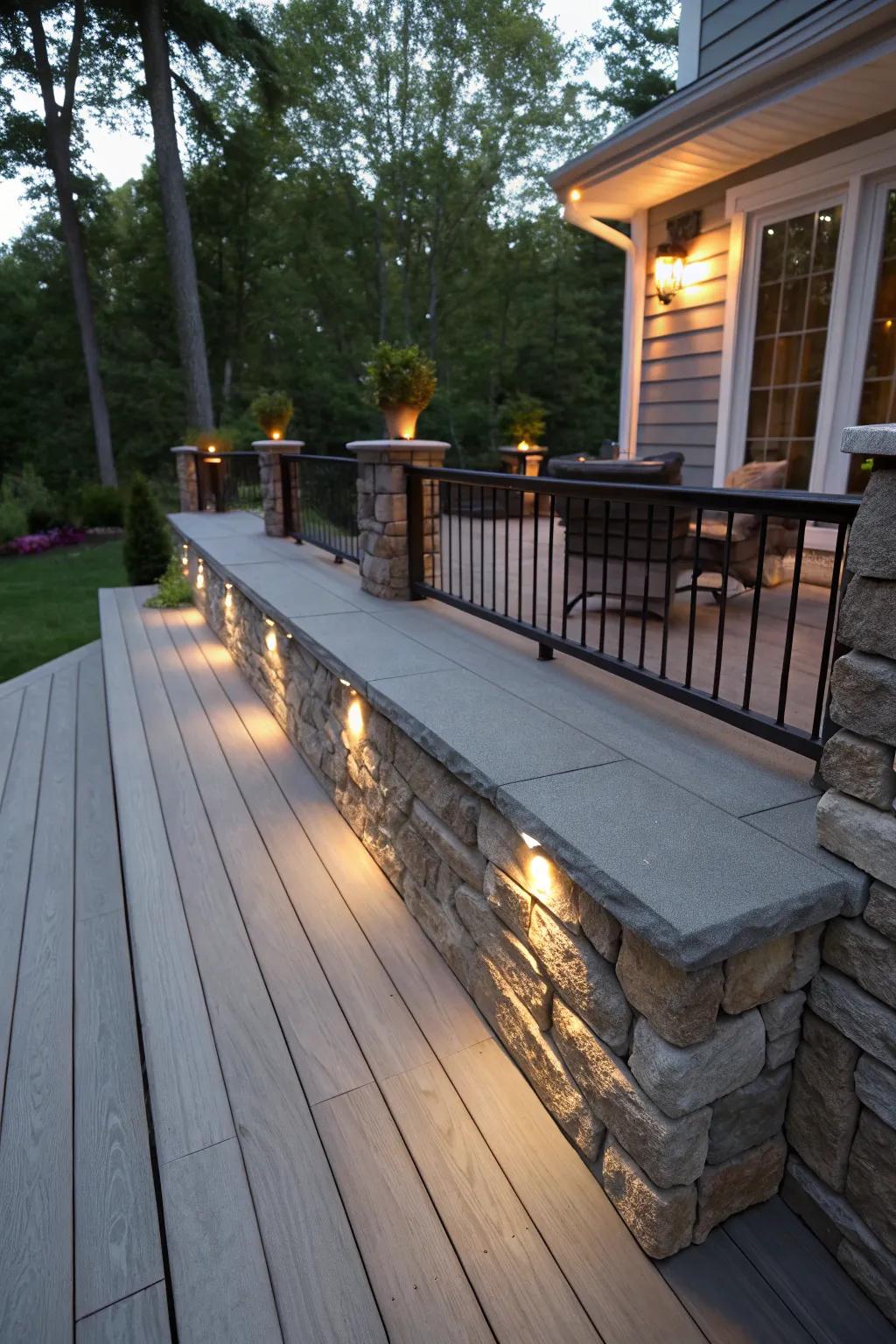 An inviting deck illuminated by integrated lighting within the stone cladding.