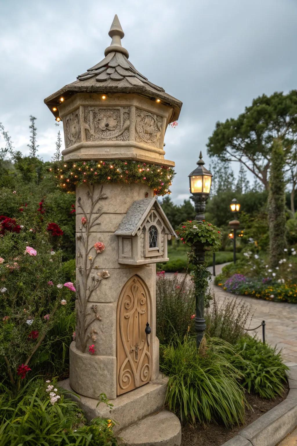 A magical stone mailbox pillar straight from a fairy tale.