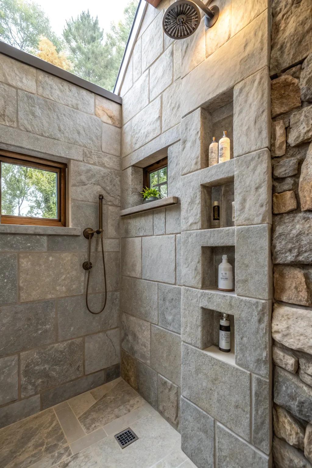 Rock alcoves proffer a seamless storage resolution within showers.