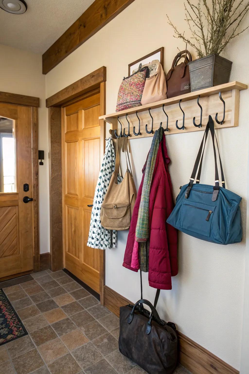 An entryway equipped with hooks for hanging bags and coats.