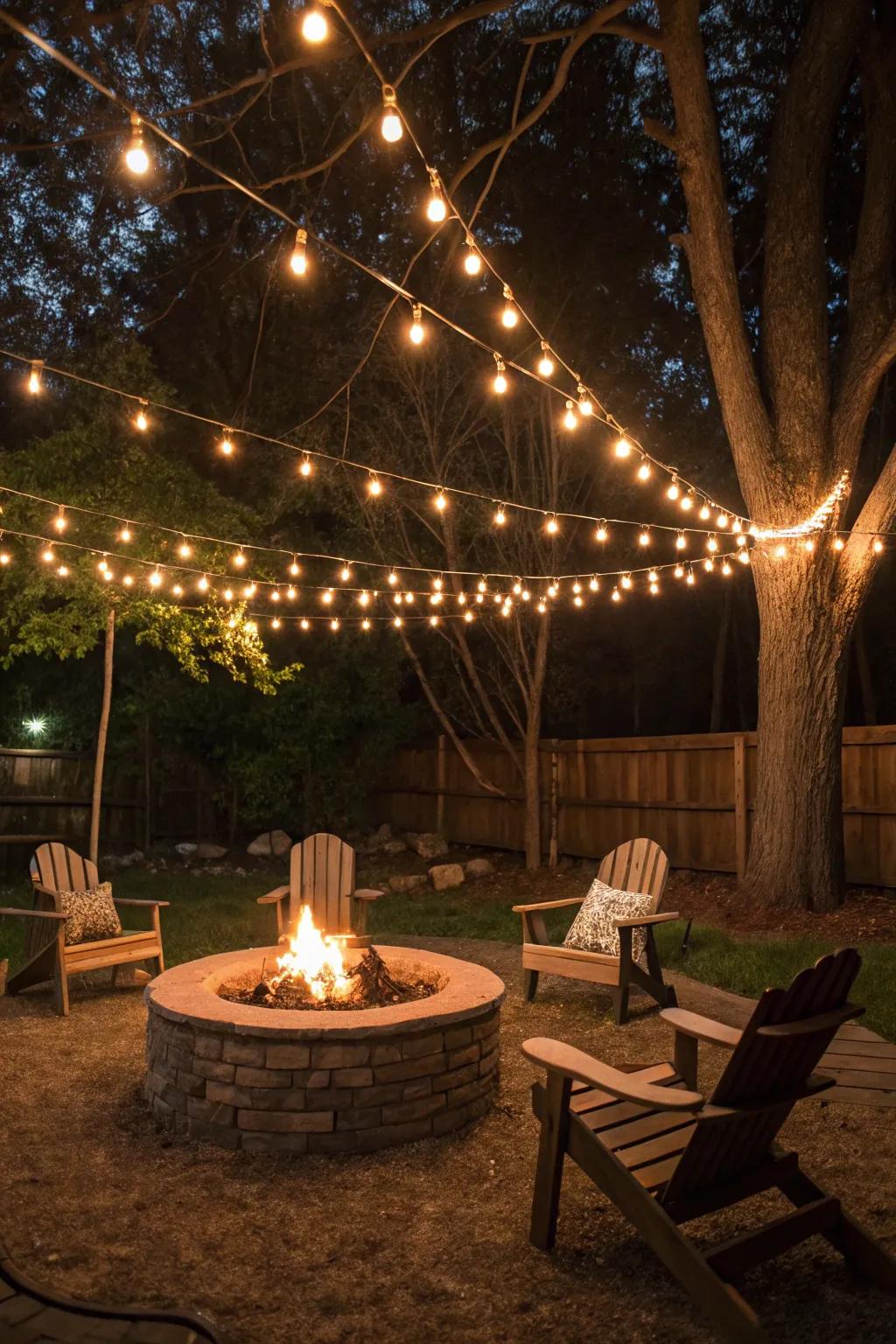 Layered twinkle lights infuse depth and dimension into the space.