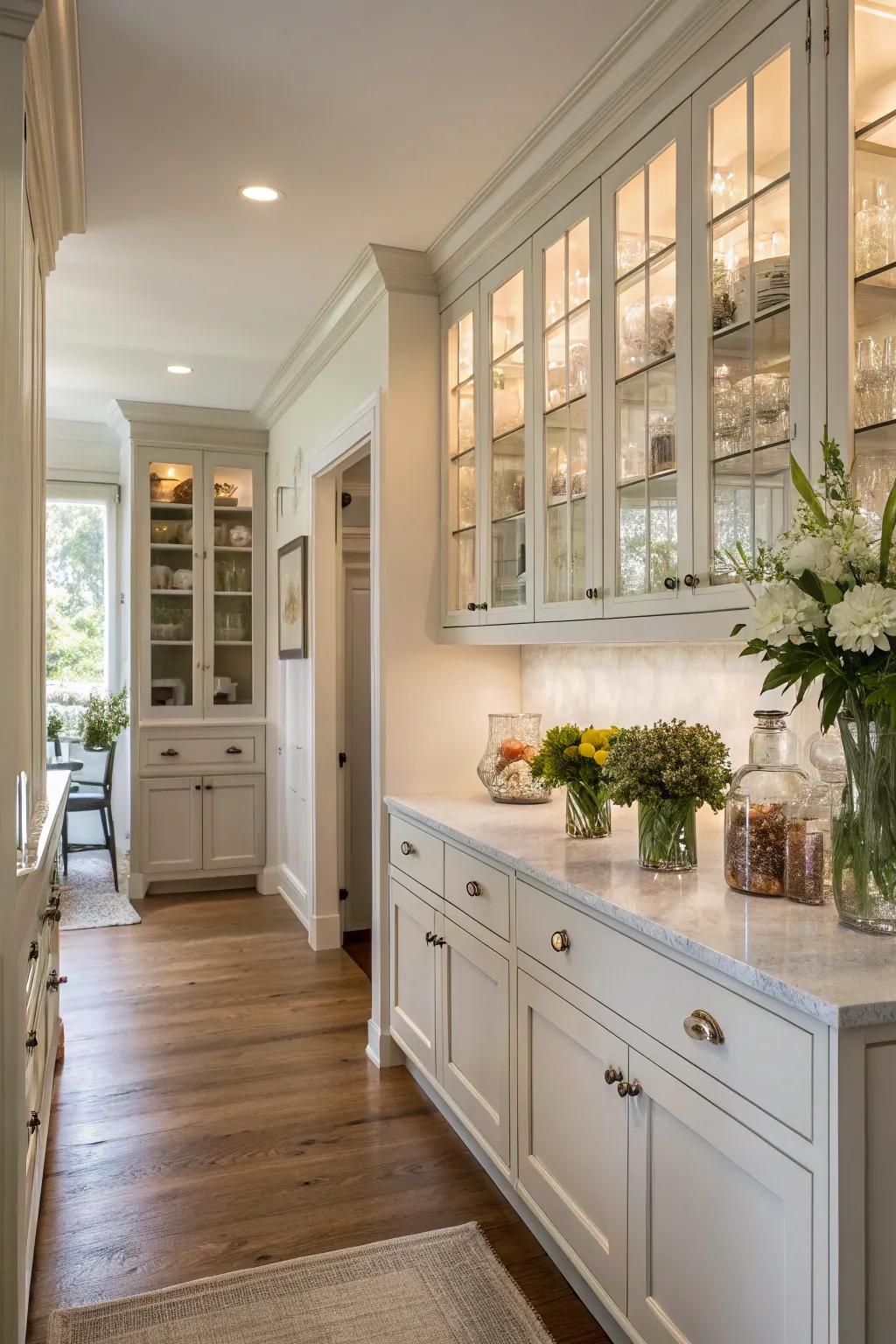 Glass components contribute to a breezy, expansive kitchen design.