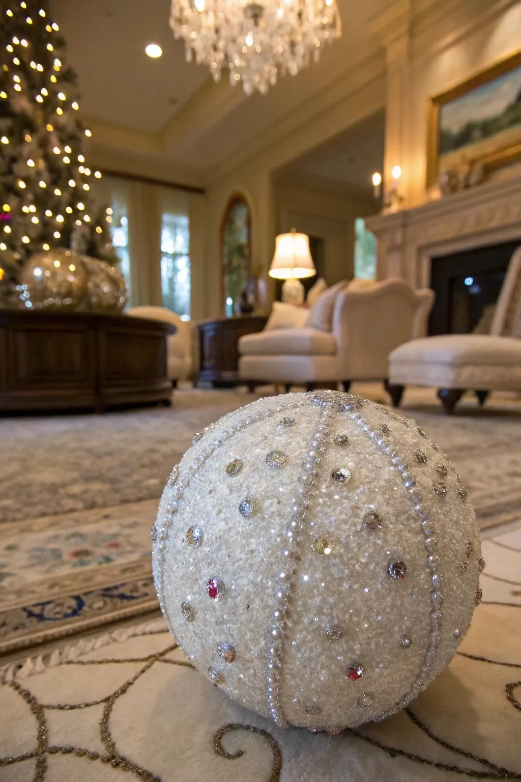 Bead-coated ornaments fashion a dazzling effect.