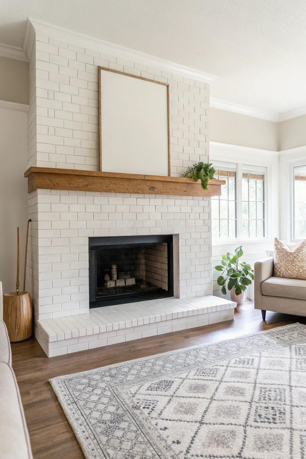 Simple lines and neutral tones introduce minimalist elegance to this fireplace.