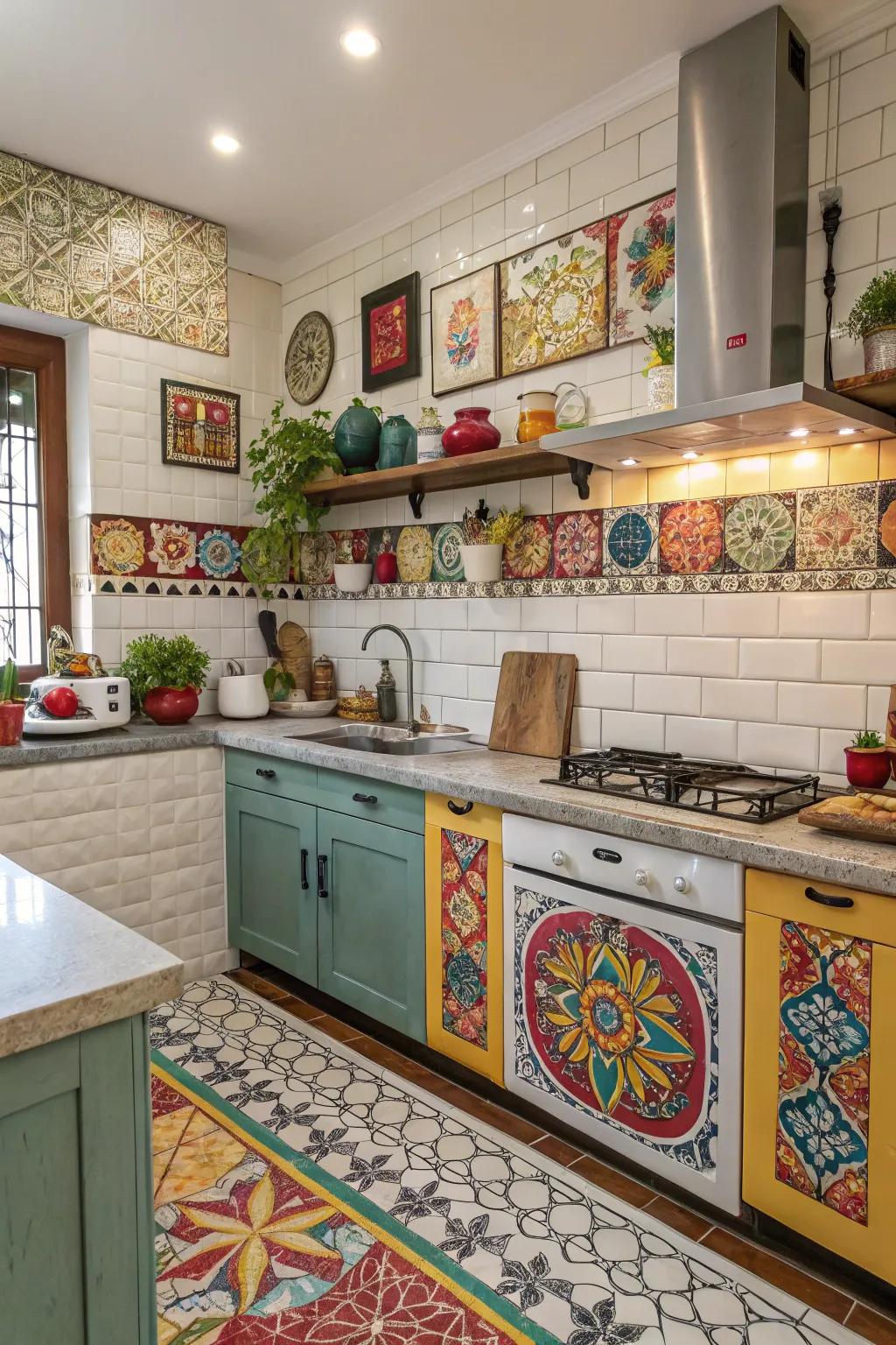 A mix of tile patterns creates a unique and visually interesting kitchen.