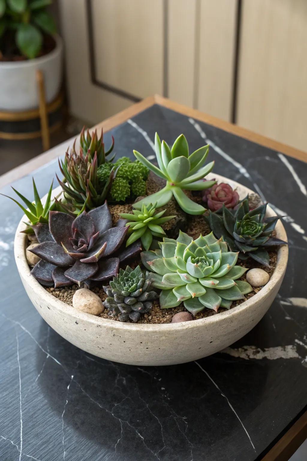 A dramatic succulent garden characterized by juxtaposing shades.