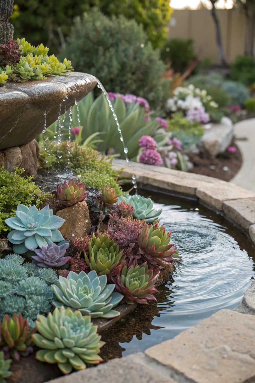 A peaceful water feature surrounded by a lush display of succulents.