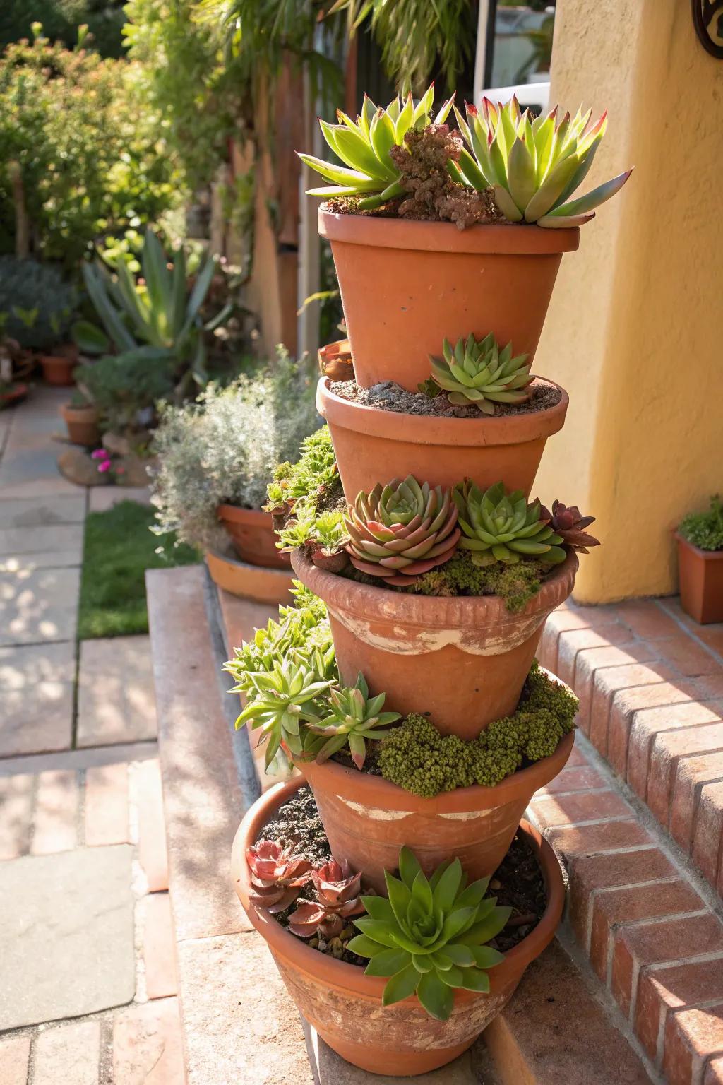 Earthenware pot towers introduce dimension and drama to succulent displays.
