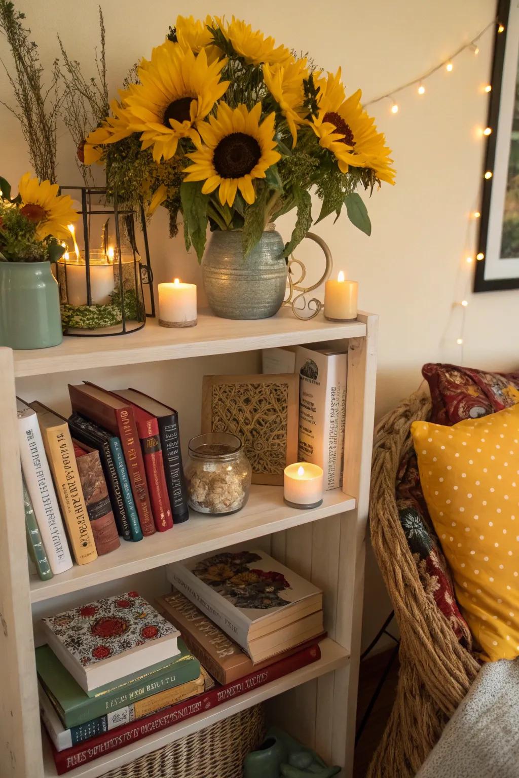 Inject vitality into your reading sanctuary via sunflowers positioned upon a shelf.