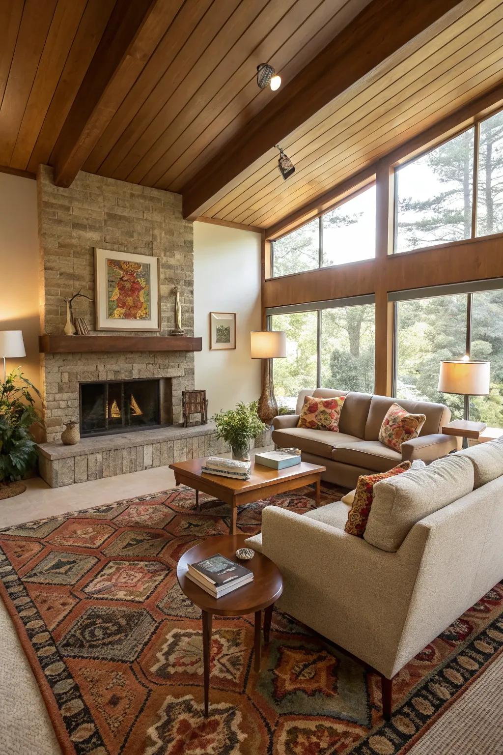 A recessed living room featuring retro modern style.