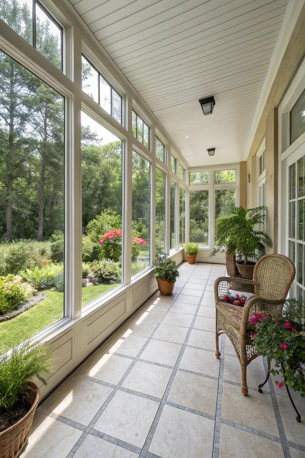 Seamless flooring transitions create a harmonious indoor-outdoor connection.