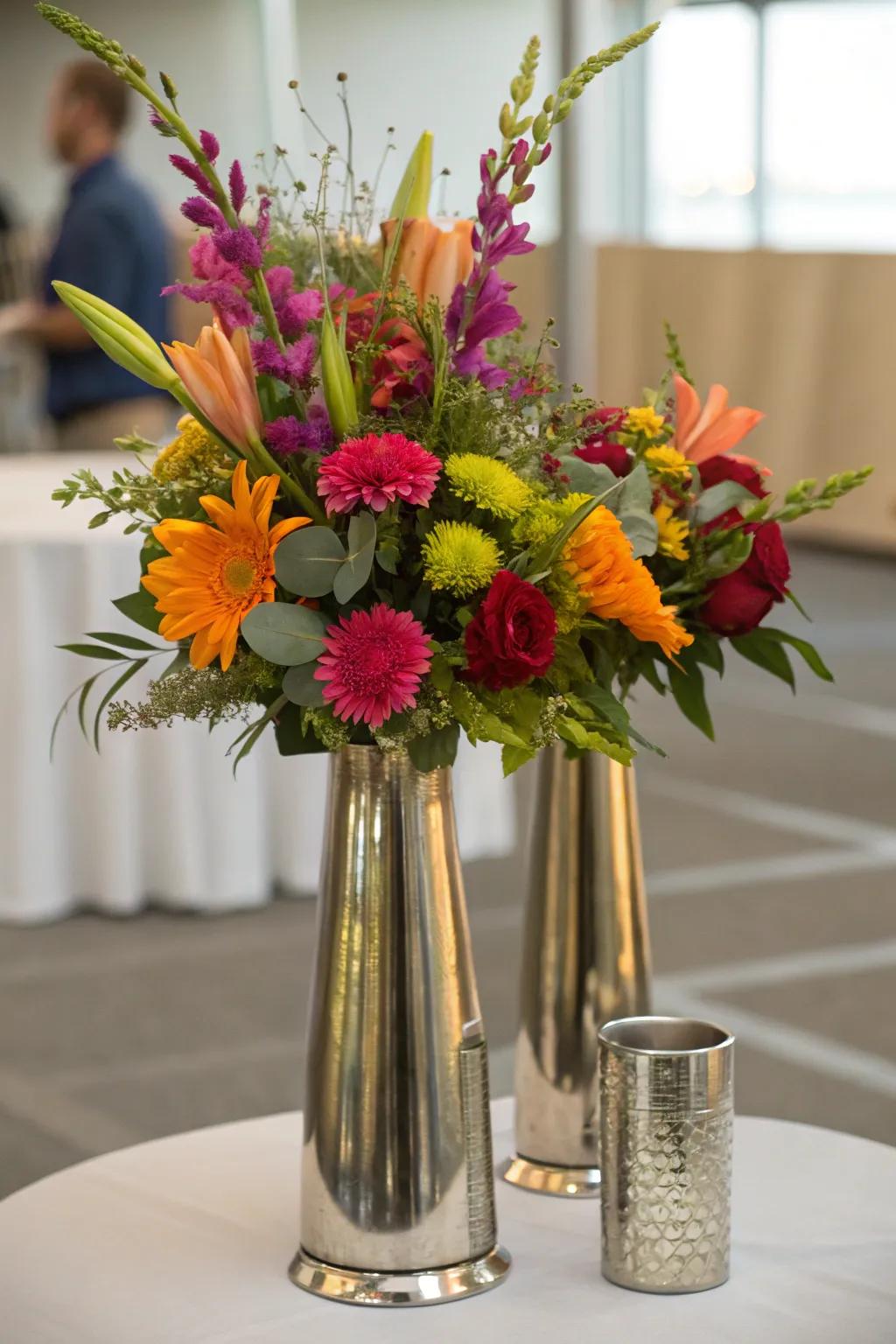 A chic centerpiece featuring metallic vases accompanied by ivory lilies.