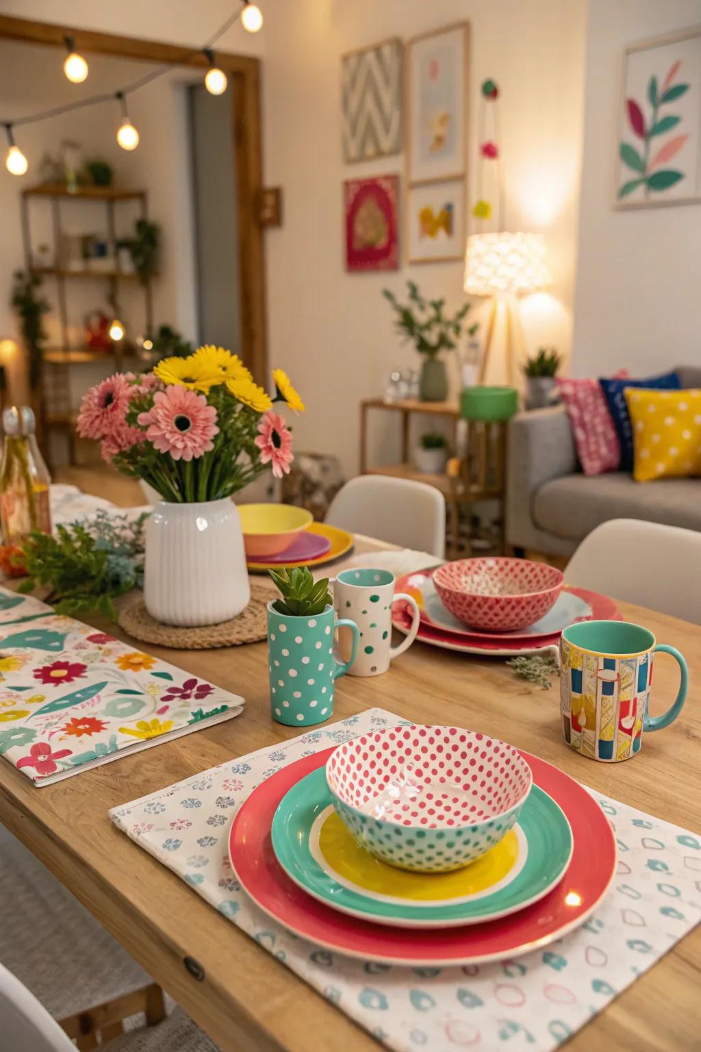 Craft a whimsical table space with lighthearted patterns and decor.