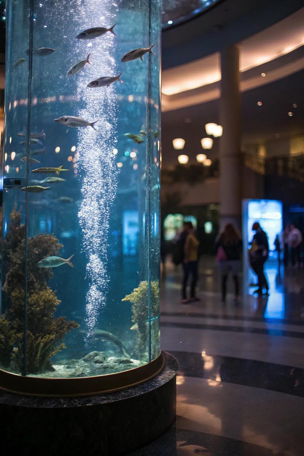 An elongated aquarium featuring a reflective hydration expanse infusing profundity.
