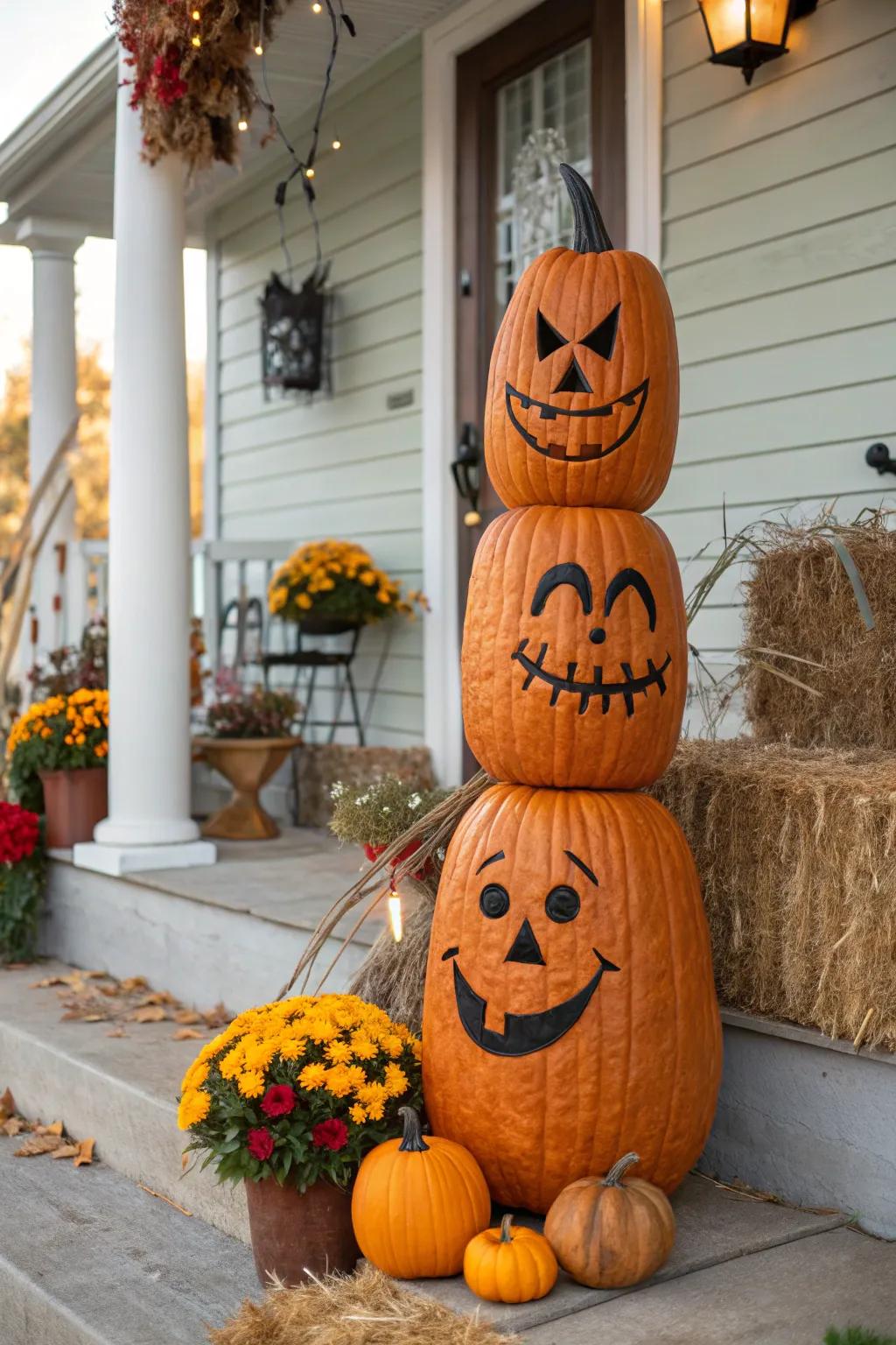 Showcase a spectrum of emotions with a threesome of expressive profiles on a singular pumpkin.
