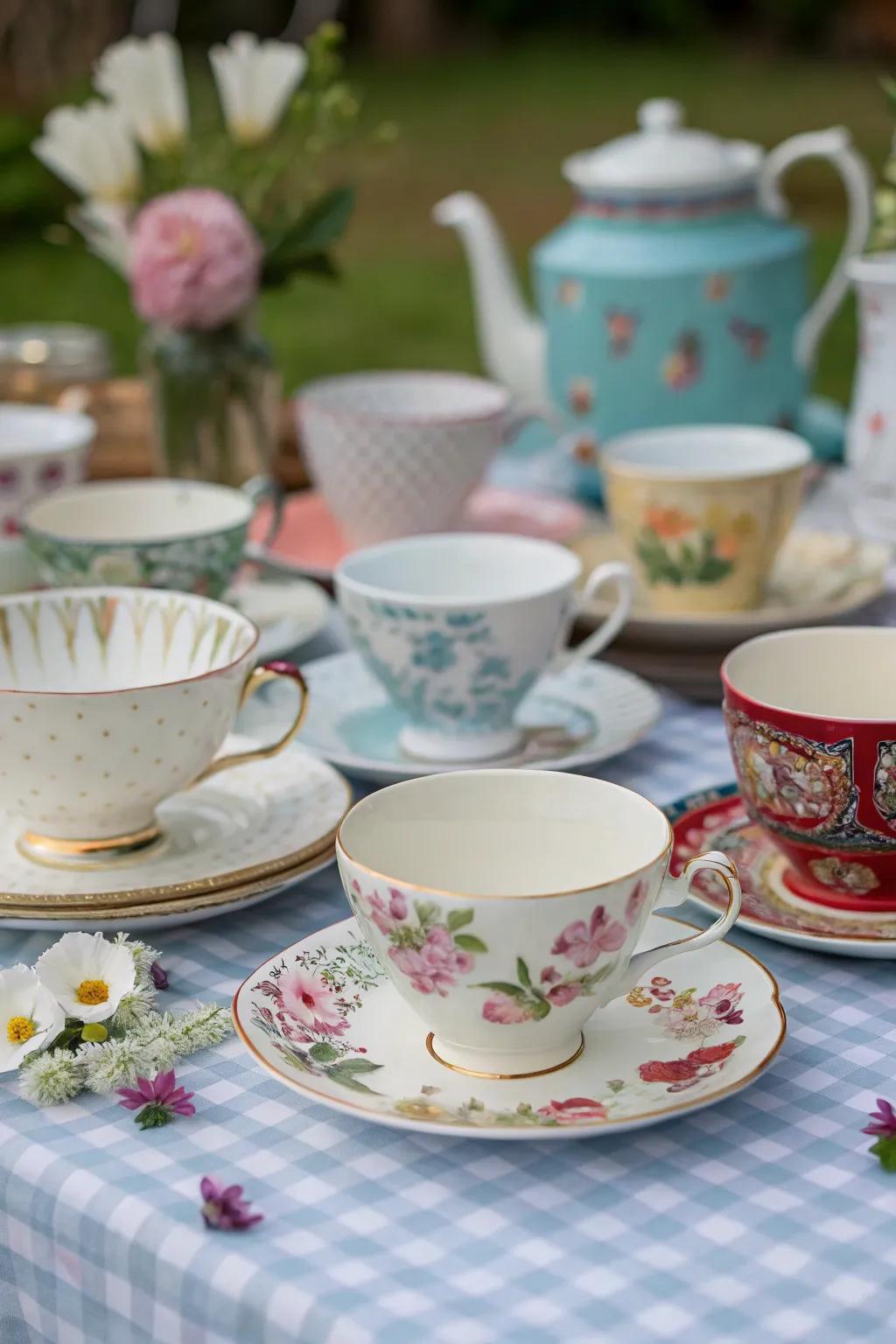 Mismatched tea sets create a whimsical and relaxed atmosphere.