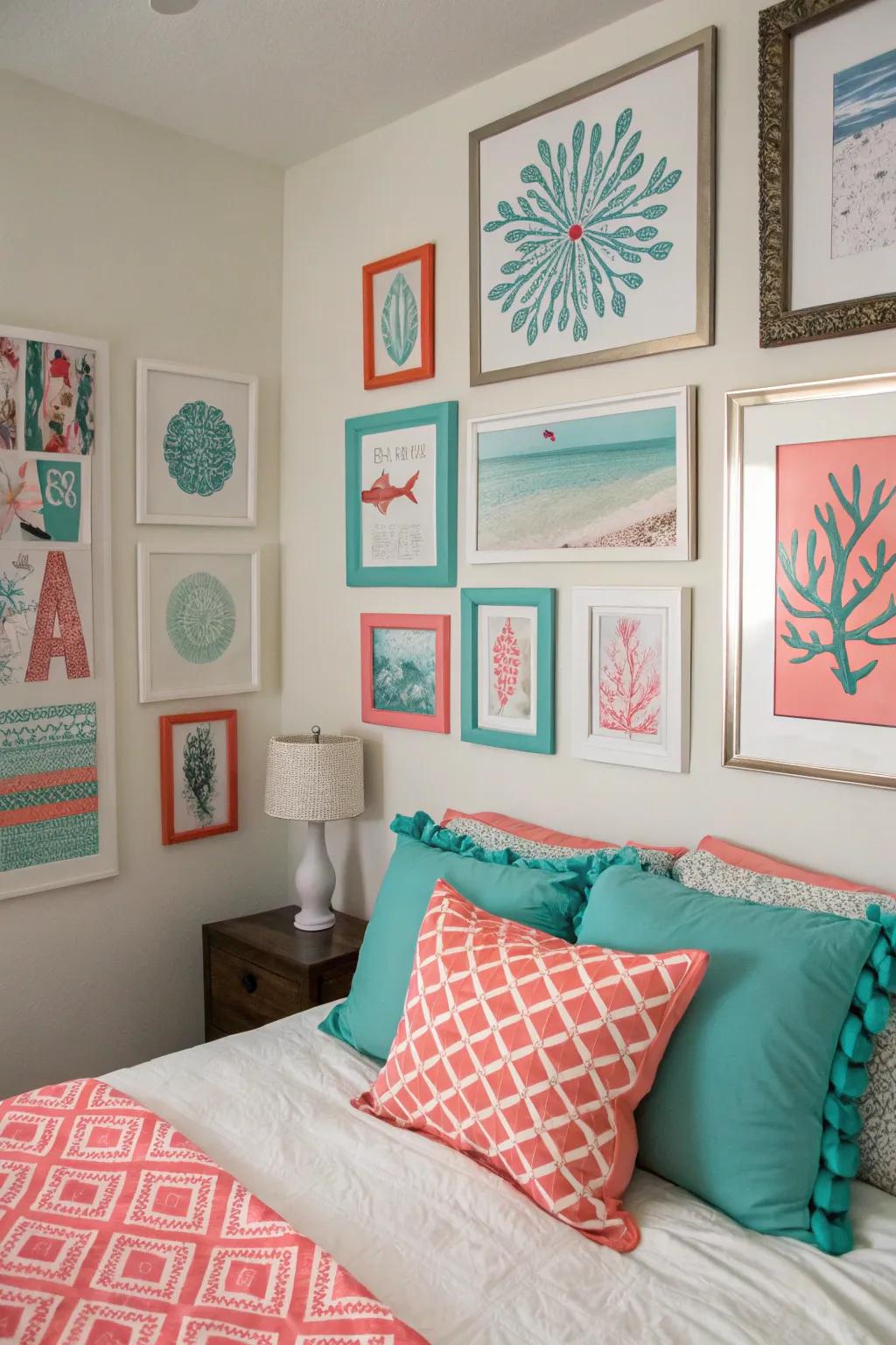 A wall art gallery in teal and coral expresses personal style.