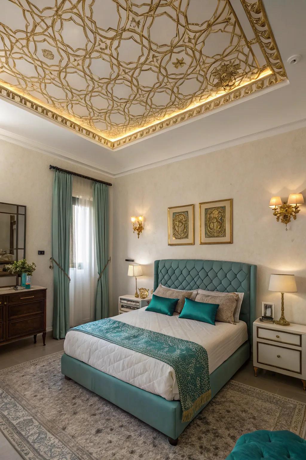 A gilded-accented upper surface adds unforeseen grandeur to this bedroom.
