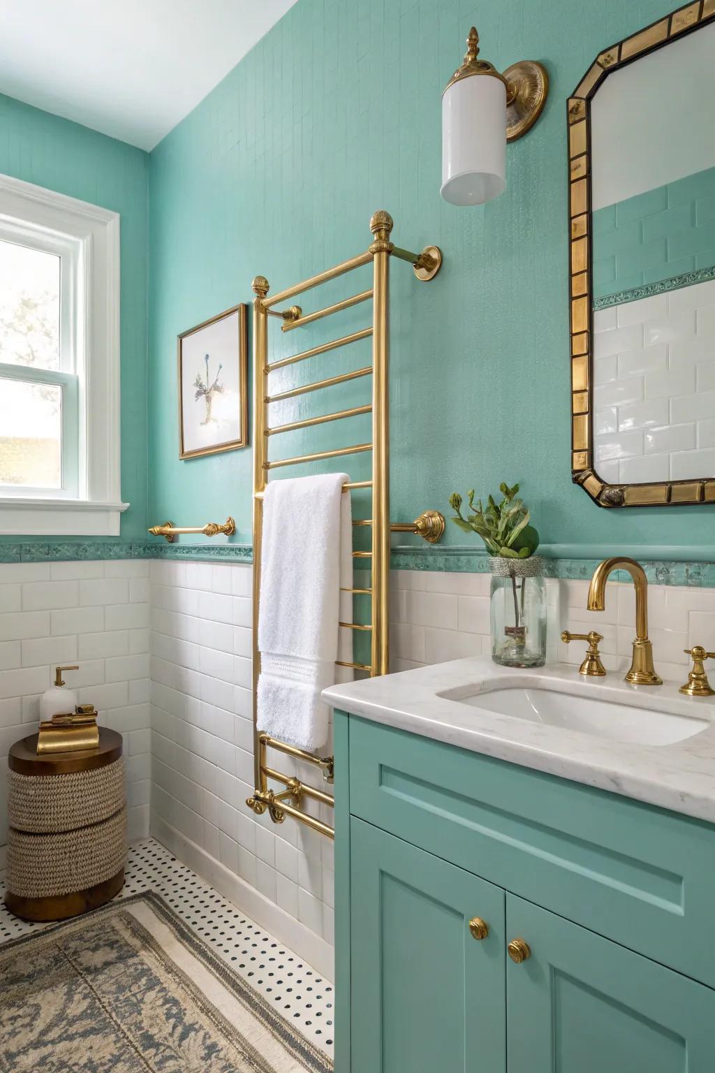 Elevate your bathroom with aquatic green and brass elegance.