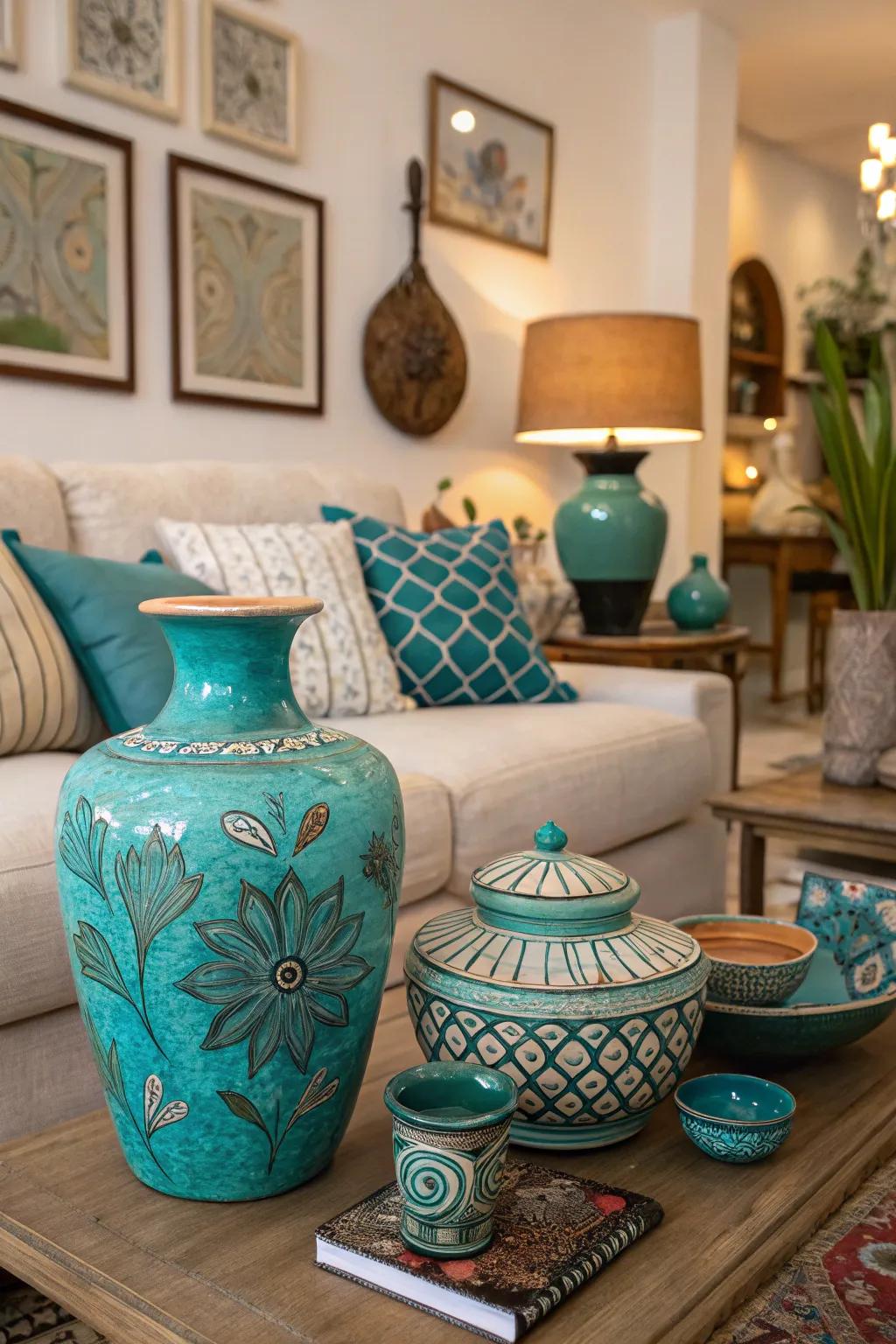 Creative pottery in teal and turquoise offers a personal, handcrafted feel.