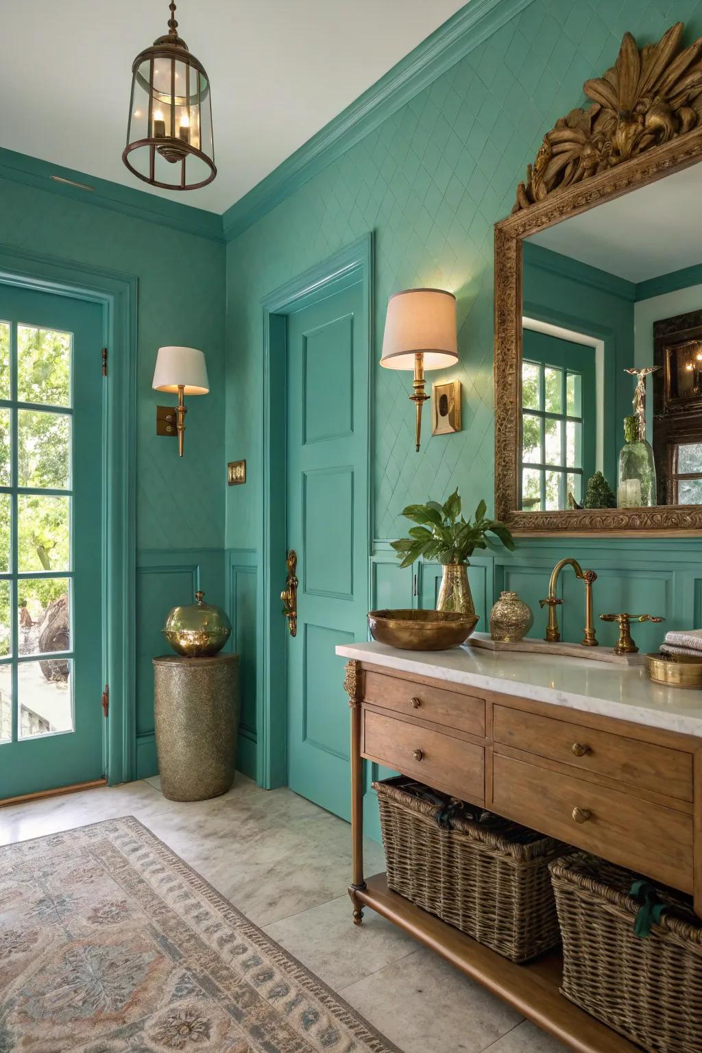 Vintage charm featuring teal walls and brass accents.
