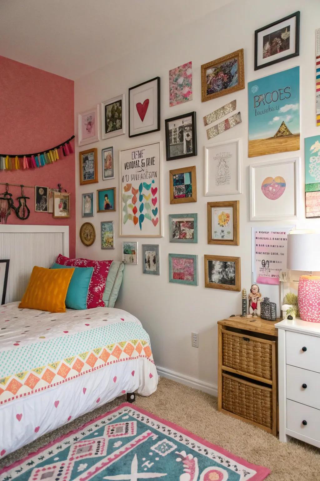 A unique gallery wall adds a fun and expressive feature to a teenage girl's room.