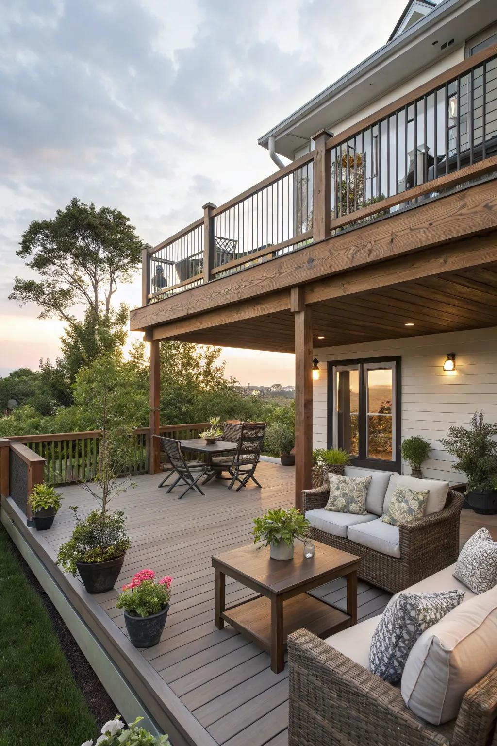 Multi-level configurations introduce dimension and practicality to patios.