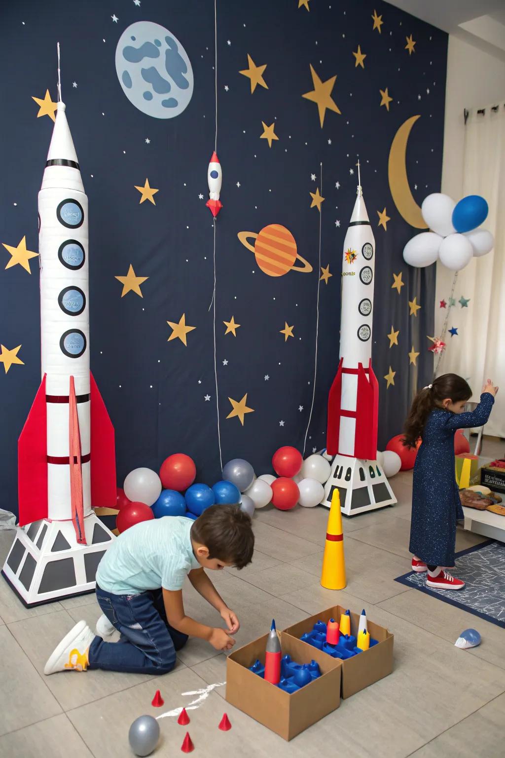 Rocket-themed celebration featuring cosmic exploration activities.